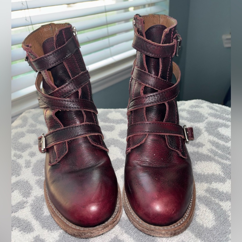 Freebird by Steven Wine Leather Buckle Strap Ankle Boots - Picture 11 of 13